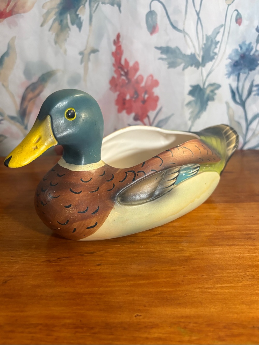 Vintage Mallard Duck Ceramic Planter - Green, Brown, Yellow